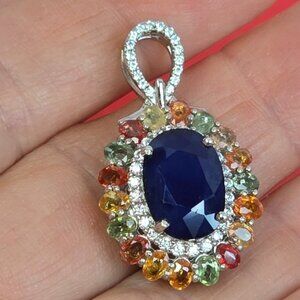 925 Sterling Silver Large Pendant with Blue Sapphire & Multicolor Sapphire Gems